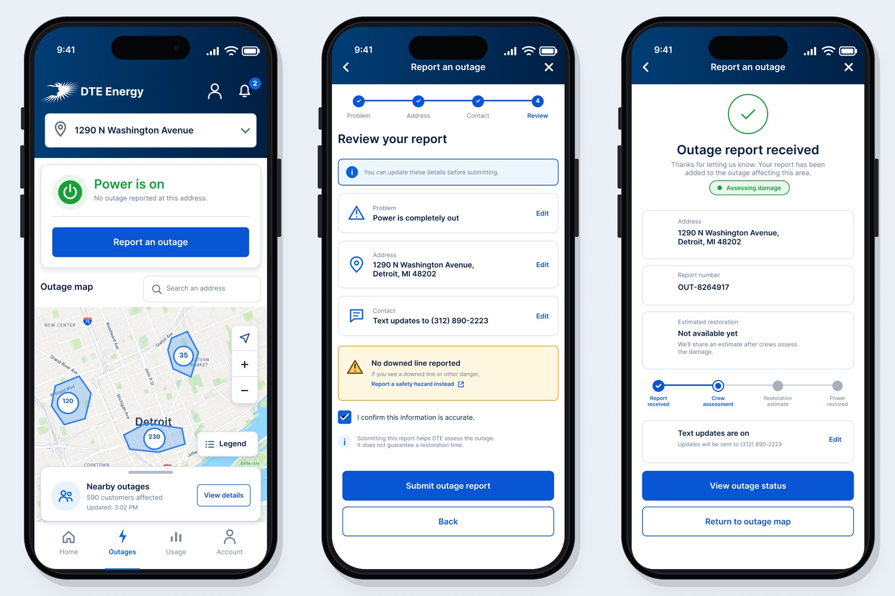 Three mobile screens showing outage map, report review, and report confirmation