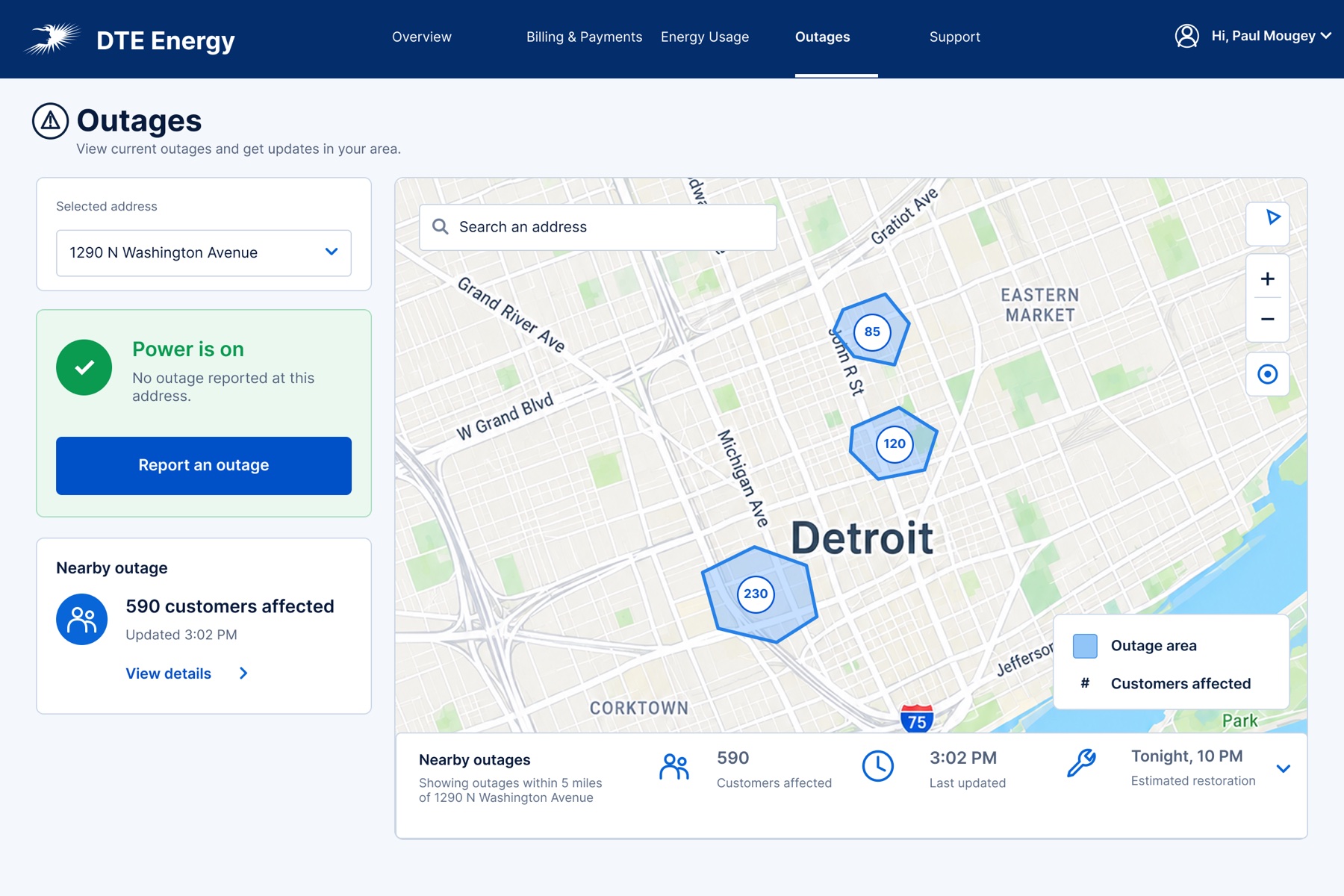 Outage dashboard with selected address, report-an-outage action, nearby outages, map, and restoration information