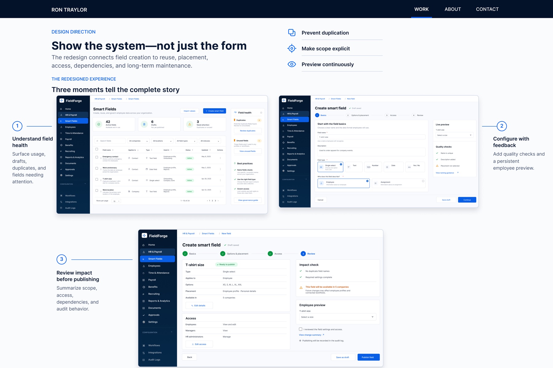 Smart Fields dashboard, guided creation flow, and impact review designs