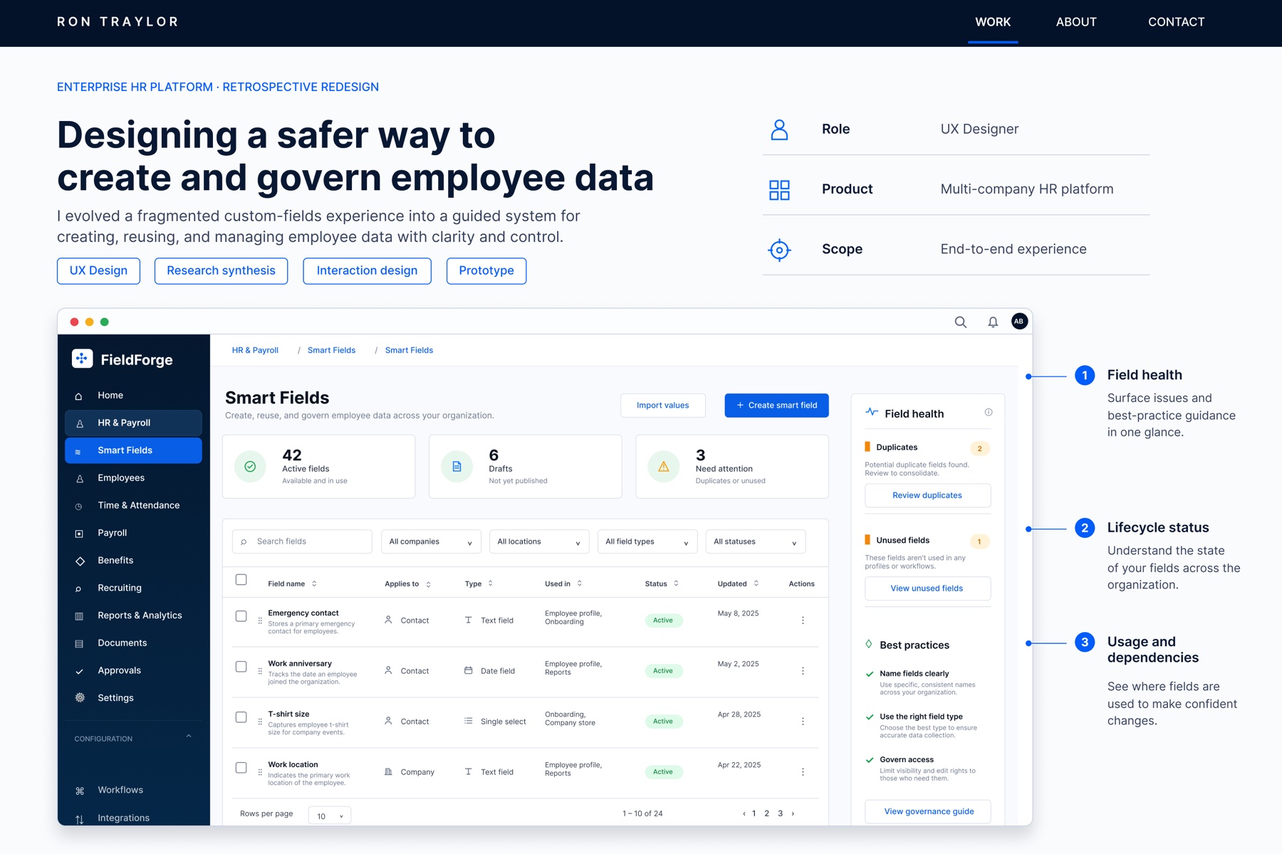 Smart Fields case study hero showing the redesigned administration dashboard and governance guidance