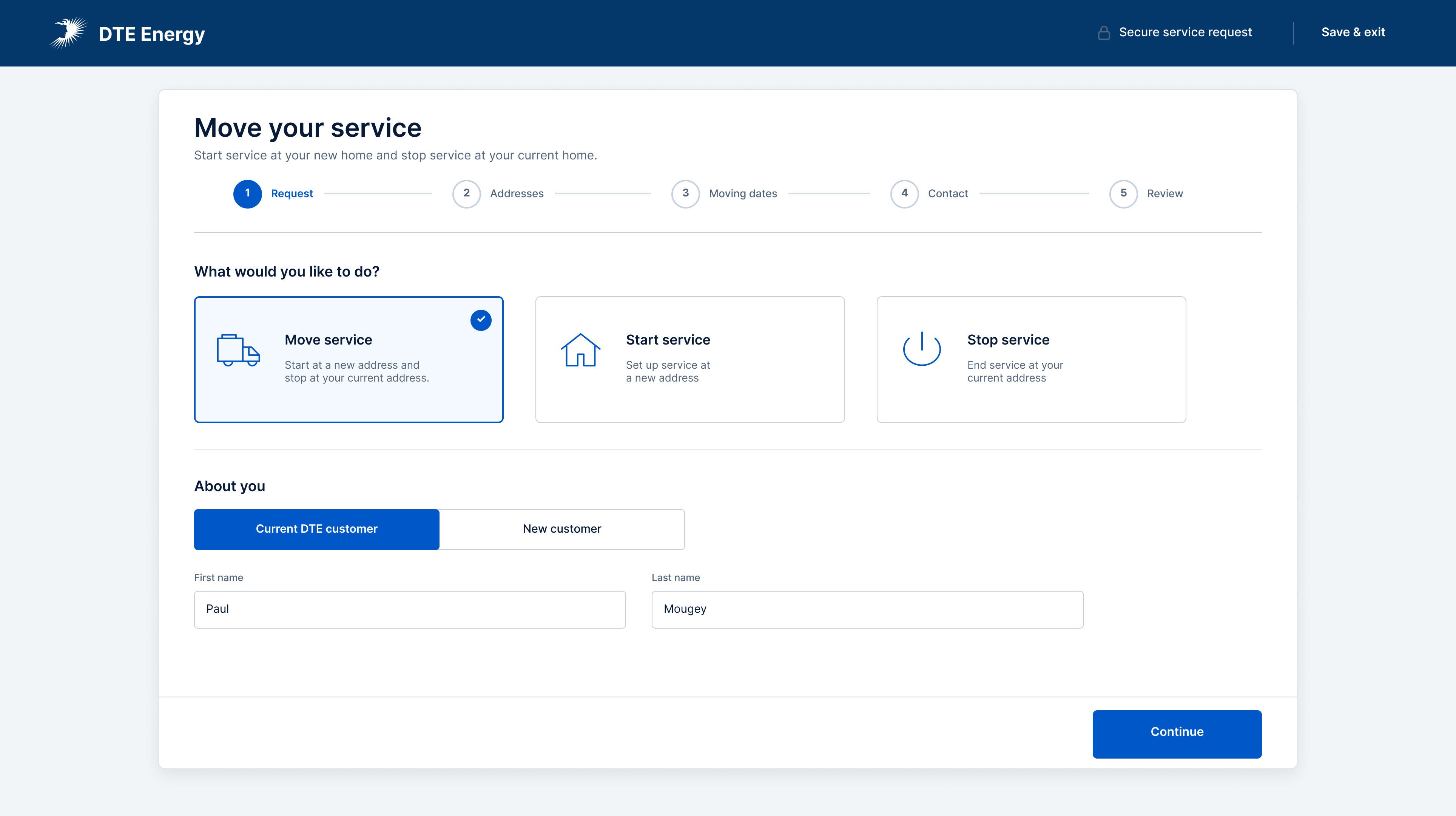 Move service request screen for choosing move, start, or stop service and identifying the customer